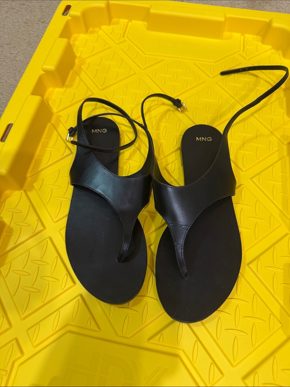 Mango Black Leather Thong Sandals with Ankle Tie Straps